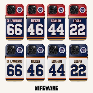May include: Eight phone cases with a sports jersey design. The cases feature names and numbers, including "DI LAURENTIS 66", "TUCKER 46", "GRAHAM 44", and "LOGAN 22". The cases have a red, navy blue, and gold color scheme, with the text "NIFEWARE" at the bottom.