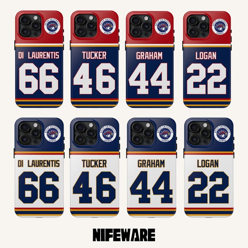 May include: Eight phone cases with a sports jersey design. The cases feature names and numbers, including "DI LAURENTIS 66", "TUCKER 46", "GRAHAM 44", and "LOGAN 22". The cases have a red, navy blue, and gold color scheme, with the text "NIFEWARE" at the bottom.