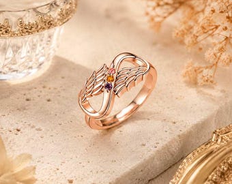 Engravable Angel Wings Birthstone Ring: Platinum Plated, Family Jewelry，Mothers Day Gifts，Personalized gift
