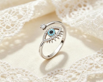 Evil Eye Ring, Adjustable Open Band, CZ Crystal Protection Jewelry，Personalized Gift Ring,Birthday Gift,Gift for Firend