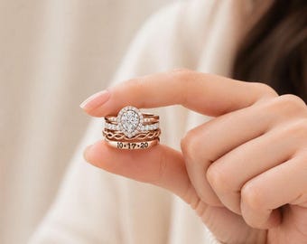 Personalized Pear-Shaped Cubic Zirconia Ring Set, Engravable Stacking Bands (4-Ring Set),Gift For Her,Commemorative ring