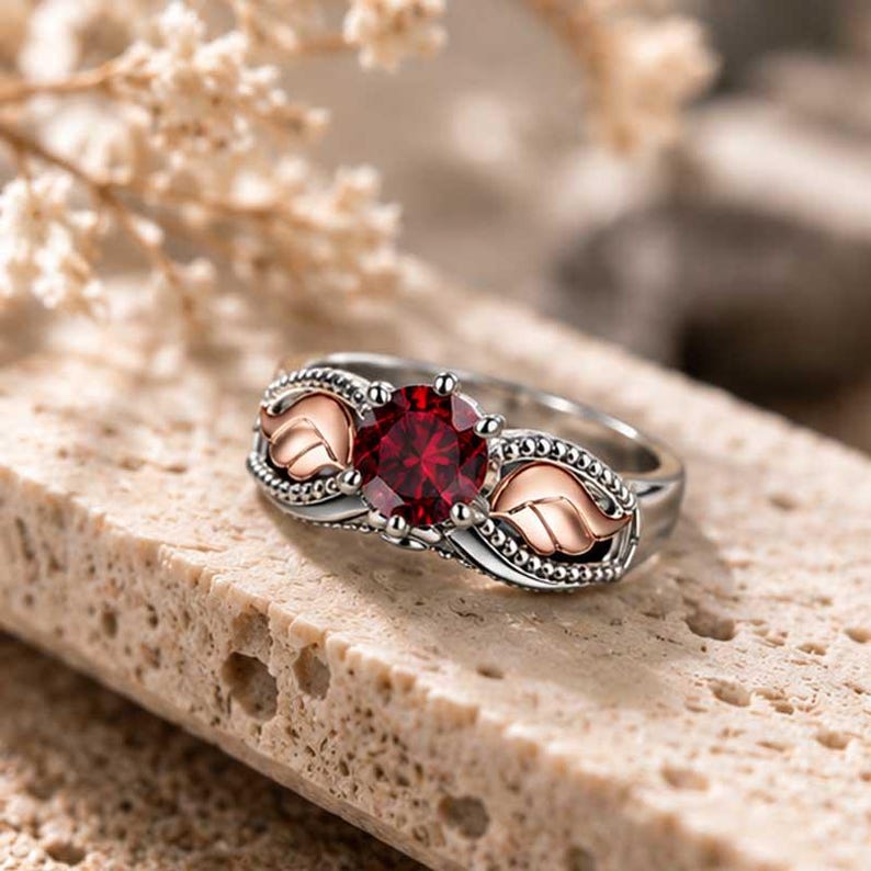 Puede incluir: Un anillo plateado con una gran gema roja redonda en el centro. El anillo presenta dos dise&ntilde;os dorados en forma de hoja a cada lado de la gema. La banda tiene un patr&oacute;n detallado y texturizado. El anillo se muestra sobre una superficie clara y texturizada.