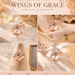 May include: Rose gold ring with an infinity symbol design, adorned with small gemstones. The ring is displayed on a neutral background with the text "WINGS OF GRACE" and "TIMELESS BEAUTY". The image also includes text about the ring's features.
