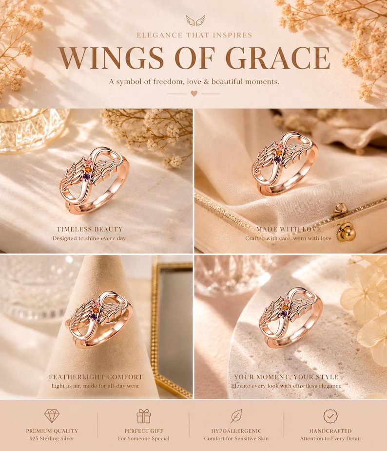 May include: Rose gold ring with an infinity symbol design, adorned with small gemstones. The ring is displayed on a neutral background with the text "WINGS OF GRACE" and "TIMELESS BEAUTY". The image also includes text about the ring's features.