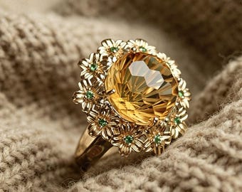 Citrine Ice Flower Open Ring, 18K Gold Plated Dainty Floral Minimalist Luxury Band