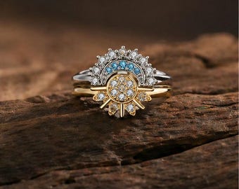 Sun and Moon Stacked Ring Set, Cubic Zirconia Couple Rings, Wedding Bands，Graduation gift，Gift for her