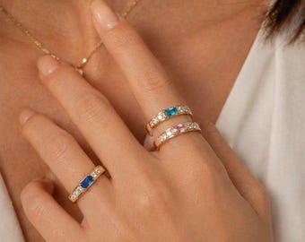 Customizable Rectangular Birthstone Ring, Stackable Gold Plated Band, December Blue Topaz Zirconia,Gift for Firend