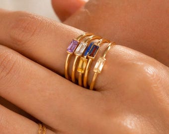 Gold Plated Bar Birthstone Ring, Customizable Stackable Baguette CZ Band,Birthday gift, Graduation gift, Give for her