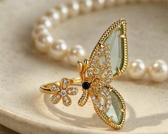 Light Blue Crystal Butterfly Ring, Adjustable Gold Open Ring, Flower Accent Statement Jewelry, Handmade Gift for Her
