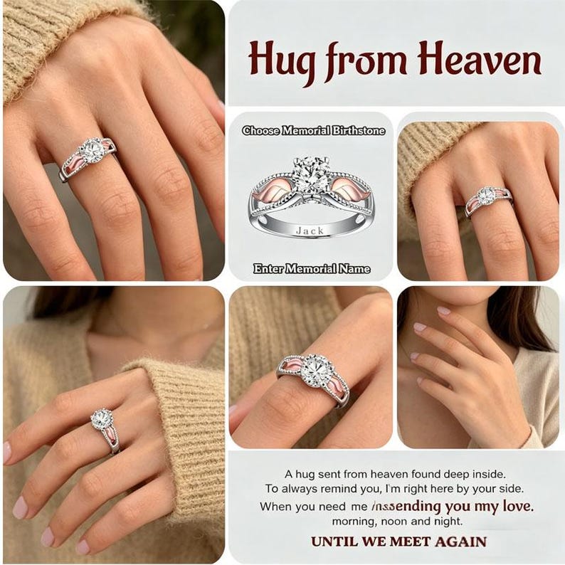 Puede incluir: Un anillo plateado con una piedra central transparente y detalles en oro rosa. El anillo se muestra en un dedo en varias vistas. Tambi&eacute;n se ve el texto "Hug from Heaven" y "UNTIL WE MEET AGAIN".