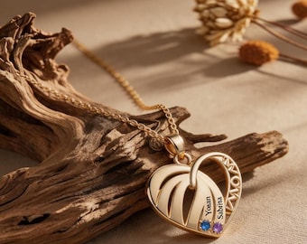 Custom Heart Birthstone Necklace Engraved Multiple Names Dainty Personalized Women Jewelry