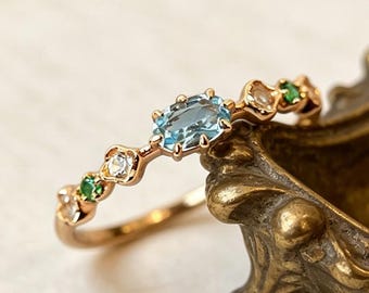 Gold Aquamarine Stackable Ring, Dainty Birthstone Band, Minimalist Everyday Jewelry