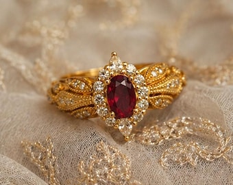 Gold Vermeil Ruby Halo Ring, Victorian Filigree Statement Ring for Women