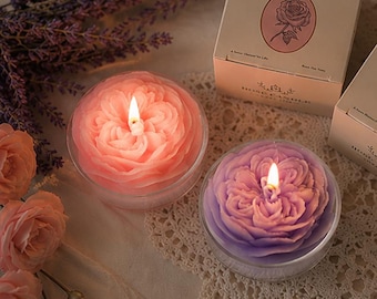 Two-pack of rose-shaped scented candles, lavender, daffodil and oregano soybean candles, aromatherapy home décor, soothing floral fragrance.
