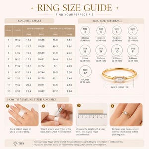 May include: Ring size guide with a gold ring featuring a rectangular gemstone. The chart provides measurements in inches and millimeters for inner diameter and finger circumference, with US and UK sizes. Instructions on how to measure ring size are also included.