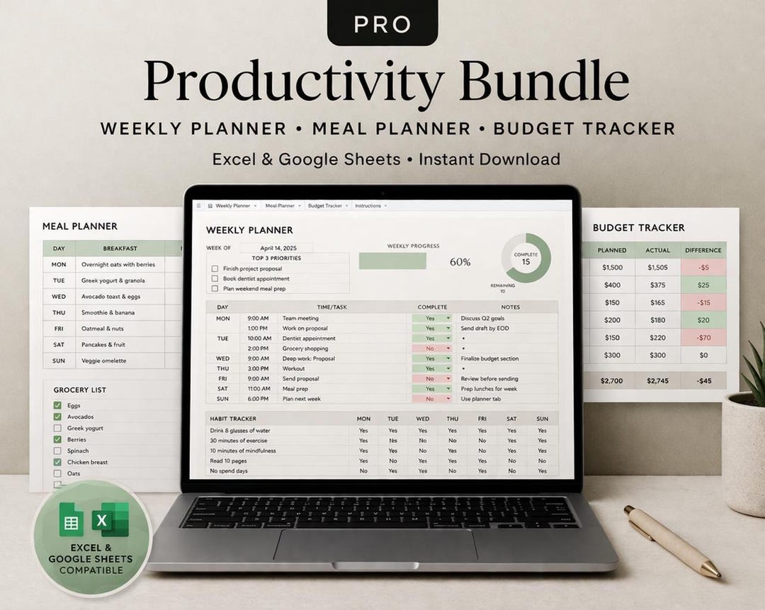 Printable Productivity Bundle | Weekly Planner + Meal Planner + Budget ...