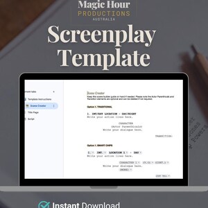 May include: A digital screenplay template displayed on a laptop screen, featuring the text Magic Hour Productions Australia, Screenplay Template, and Scene Creator. The interface includes options for traditional and smart chip formatting.