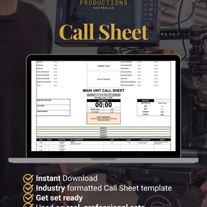 Peut inclure: Un modèle numérique de feuille de service affiché sur un écran d'ordinateur portable, comprenant des sections pour les détails de production, les horaires d'équipe, la météo et un tableau de planification. Le document affiche les en-têtes Magic Hour Productions Australia.