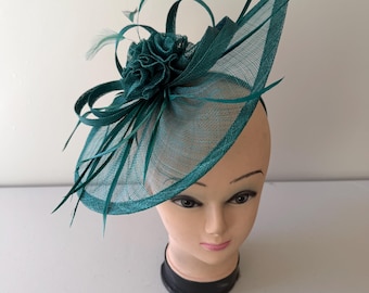 Dark Green Teardrop Fascinator Hat, Feather Wedding Headpiece, Races Ascot Kentucky Derby