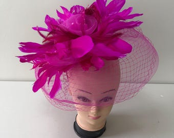 New Fuchsia Fascinator Hat Headband with Feathers Royal Ascot Kentucky Derby Weddings Hat