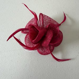 Pode incluir: Um acessório de cabelo floral bordô, com uma textura semelhante a uma malha e várias penas longas e finas. O acessório é projetado para se assemelhar a uma flor, com camadas de tecido criando um efeito tridimensional. As penas adicionam um toque de elegância.