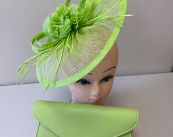 Lime Green Teardrop Fascinator and Clutch Set, Feather Wedding Headpiece