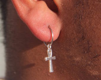 Men Ankh Earrings-Men Silver Earrings- Hoop Earrings-Silver Hoop Earrings-Sterling Silver-Cartilage Hoop-Earrings For Men-Mens Hoop Earring-