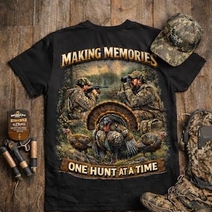 May include: Black t-shirt with a hunting scene featuring two hunters, a turkey, and the text "MAKING MEMORIES ONE HUNT AT A TIME." A camouflage hat, backpack, and other hunting accessories are also visible.