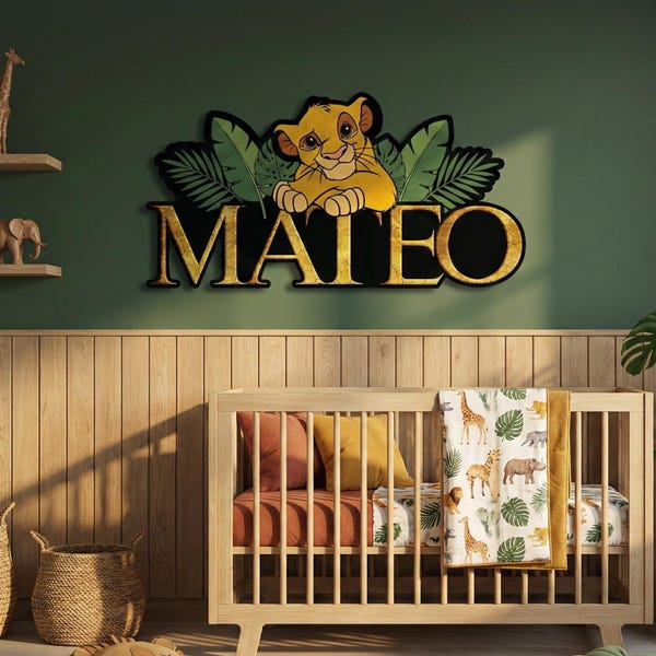 Personalized Simba Wooden Name Sign, Lion King Custom Nursery Wall Decor, Safari Jungle Kids Room Art