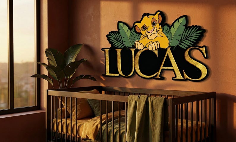 Personalized Simba Wooden Name Sign, Lion King Custom Nursery Wall Decor, Safari Jungle Kids Room Art image 3