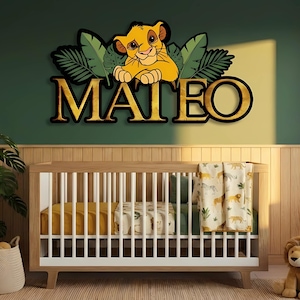 Personalized Simba Wooden Name Sign, Lion King Custom Nursery Wall Decor, Safari Jungle Kids Room Art Lion Style-1