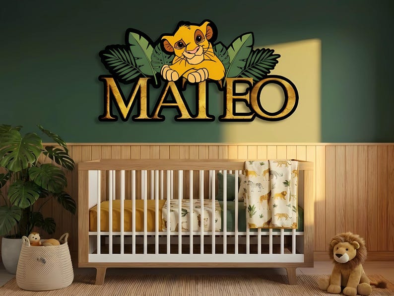 Personalized Simba Wooden Name Sign, Lion King Custom Nursery Wall Decor, Safari Jungle Kids Room Art Lion Style-1