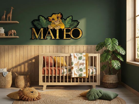 Personalized Simba Wooden Name Sign, Lion King Custom Nursery Wall Decor, Safari Jungle Kids Room Art