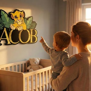 Personalized Simba Wooden Name Sign, Lion King Custom Nursery Wall Decor, Safari Jungle Kids Room Art image 2