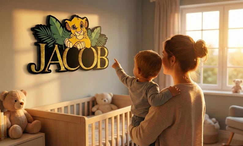 Personalized Simba Wooden Name Sign, Lion King Custom Nursery Wall Decor, Safari Jungle Kids Room Art image 2