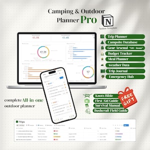 Può includere: Un laptop e uno smartphone mostrano un'interfaccia di pianificazione per campeggio e attività all'aperto. Lo schermo mostra grafici e dati, con un'interfaccia di app mobile visibile sul telefono. Ulteriori icone e testo indicano funzionalità come la pianificazione dei viaggi.