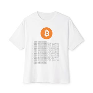 May include: White t-shirt featuring an orange circle with a Bitcoin symbol. Below the symbol is a block of text. The shirt is a casual, short-sleeved style.
