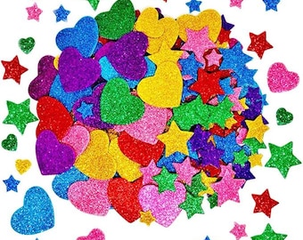 Glitter Foam Stickers, Colorful Stars & Hearts, Self-Adhesive Craft Supplies