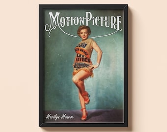 Pôster da revista Motion Picture com Marilyn Monroe | Arte de parede vintage de Hollywood | Impressão de cinema da velha guarda