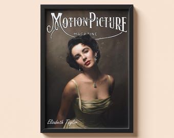 Pôster da revista Motion Picture com Elizabeth Taylor | Arte de parede vintage de Hollywood | Impressão de cinema da velha guarda