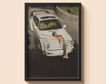 Impressão clássica de Porsche com mulher | Pôster de carro vintage da velha guarda
