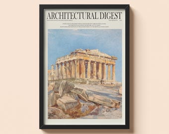 Pôster da capa da Architectural Digest sobre o Partenon | Impressão de pintura histórica de Atenas