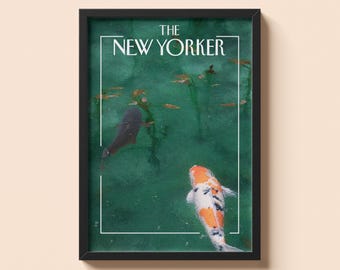 Pôster vintage da New Yorker com lago de carpas | Estilo clássico | Arte de parede de luxo discreto