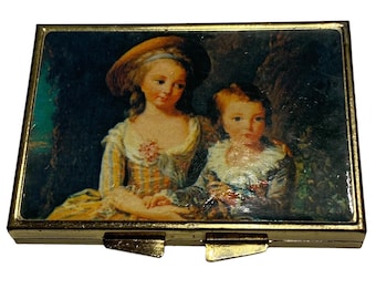 Vtg Art Print Gold Tone Metal Hinged Dual Mirror Small Travel Size Compact READ