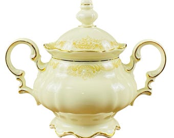 Hutschenreuther Selb Bavaria Germany Double Handled Gold Trim Sugar Bowl W/Lid