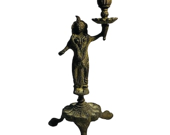 Antique Brass Figural Indian Goddess Intricate Carving Candle Stick Holder READ
