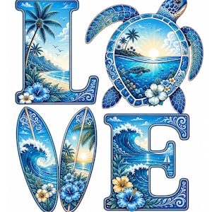 May include: A graphic design spelling the word LOVE. The letter L features a beach scene with palm trees. The letter O is a sea turtle with a shell containing a sunset ocean view. The letter V consists of two surfboards with waves and flowers. The letter E depicts a coastal scene with a sailboat and large waves.