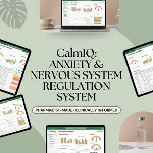 Puede incluir: Un panel de control digital titulado CalmIQ: ANXIETY & NERVOUS SYSTEM REGULATION SYSTEM, PHARMACIST-MADE • CLINICALLY INFORMED. El diseño presenta múltiples pantallas que muestran gráficos de datos, diagramas y medidores sobre un fondo verde claro.