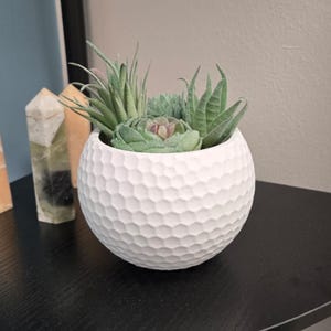 May include: A white, spherical planter with a textured, golf ball-like pattern, filled with various green succulents. Three decorative, light-colored crystal obelisks stand in the background on a black shelf.