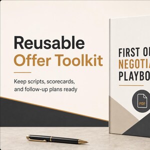 以下が含まれることがあります： 「First Offer Negotiation Playbook」と題された白の本で、黒とタンの幾何学模様のデザインです。その隣には、「Reusable Offer Toolkit」というタイトルのマッチングドキュメントがあります。 金色のアクセントが付いた黒いペンが本の前に置かれています。